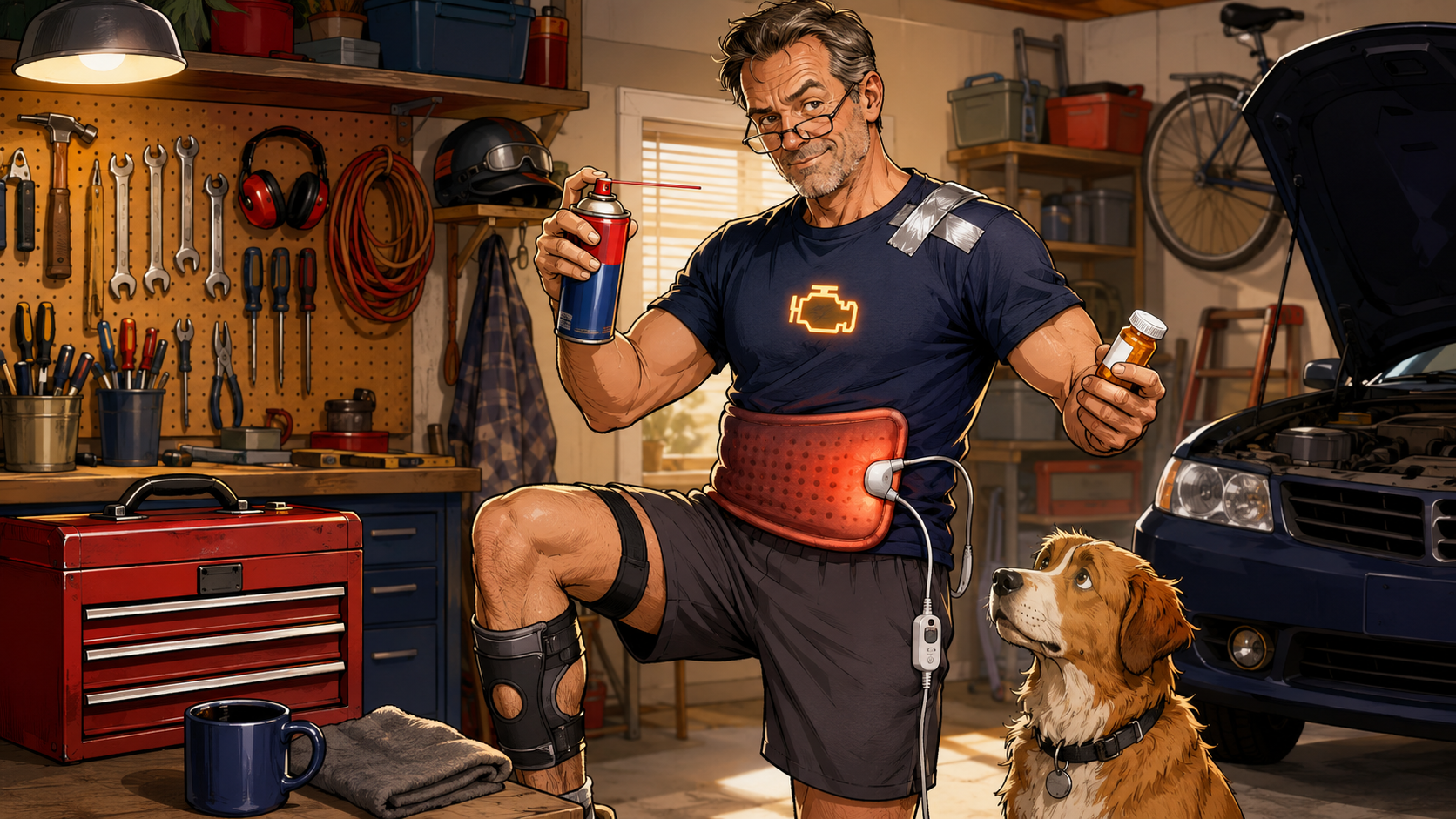 Comic illustration of a middle-aged man receiving a ridiculous tune-up in his garage while his dog looks concerned